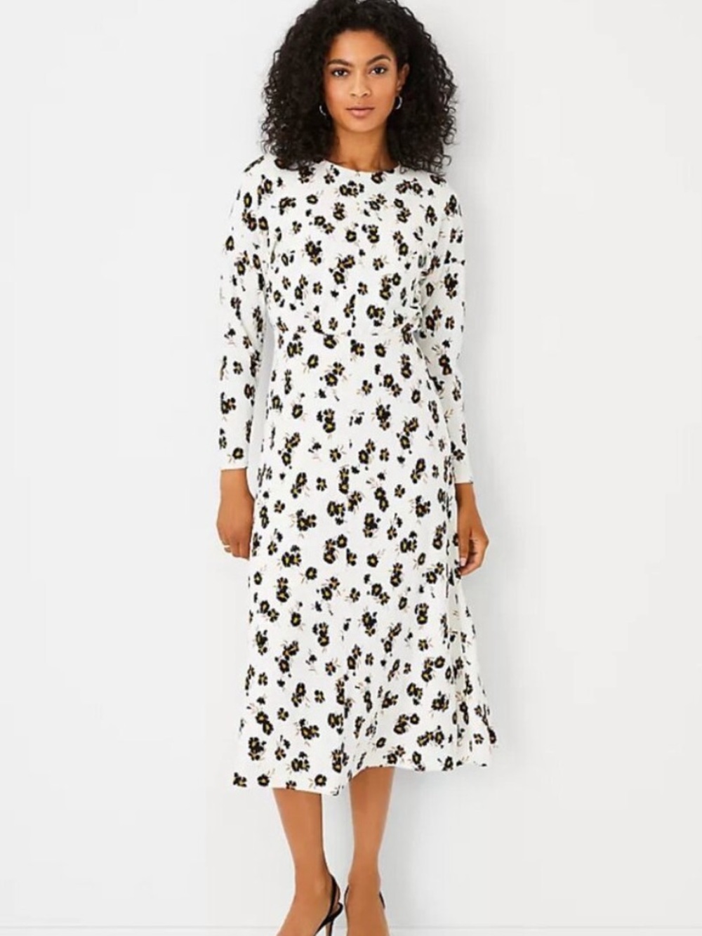 Ann Taylor 8 White Floral Long-Sleeve Midi Dress